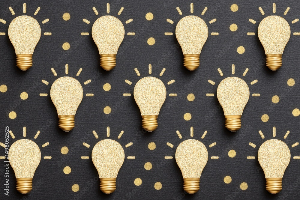 Golden light bulbs are arranged against a black surface, featuring golden dots around them. The composition creates a visually striking and modern artistic display, ideal for creative projects.