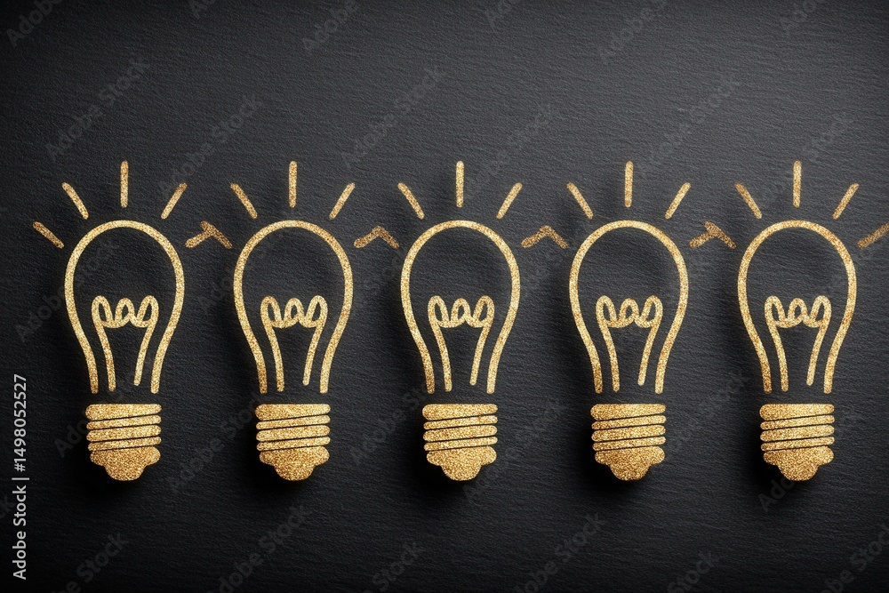 Five golden light bulb illustrations are arranged in a row against a dark background. Each bulb features stylized lines representing light beams, symbolizing creativity and innovation.
