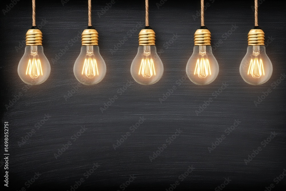 Five vintage-style light bulbs hang from twine against a dark surface. The warm glow from the bulbs creates a cozy atmosphere, emphasizing their design and arrangement.