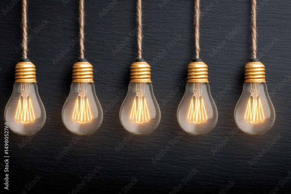 Five vintage-style light bulbs hang on twine above a dark textured surface, emitting warm light. The scene creates a cozy atmosphere in a contemporary interior design.