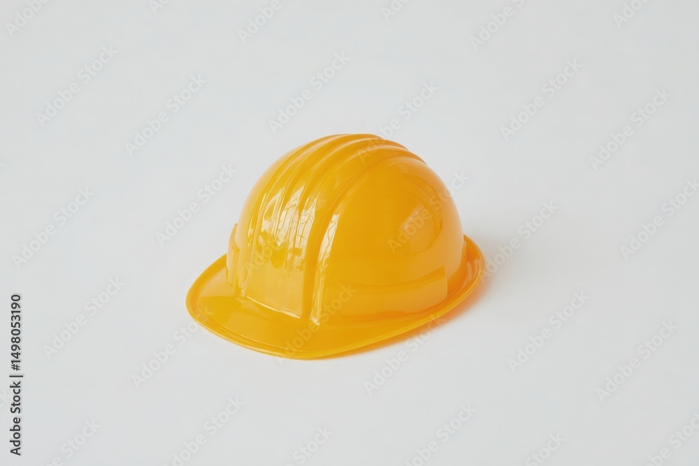 A bright yellow construction helmet is placed on a white surface, showcasing its smooth texture and rounded shape. This protective gear symbolizes safety and is essential in construction activities.