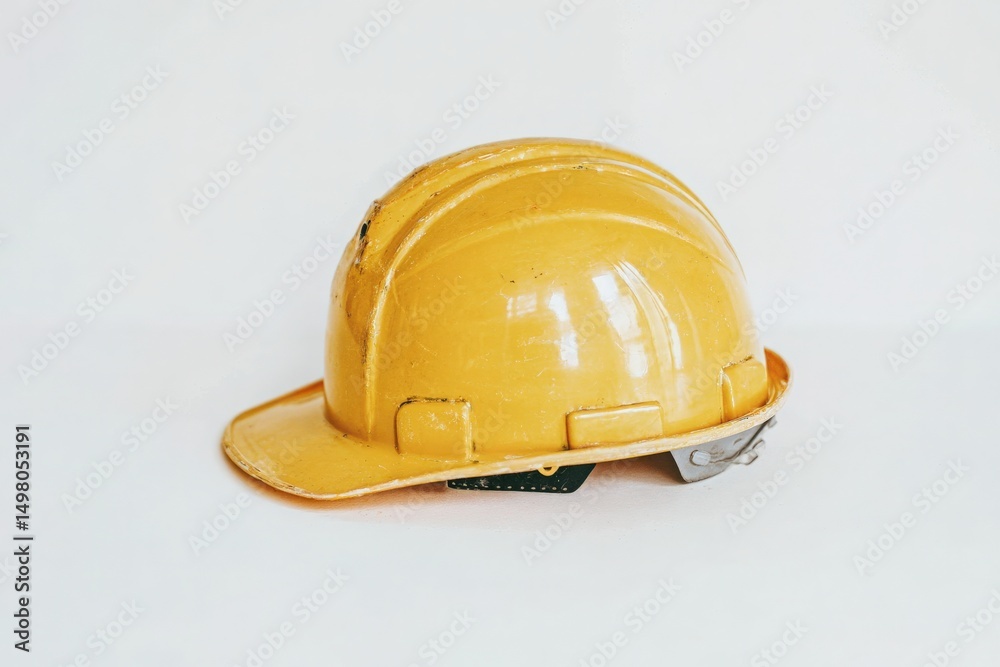 A bright yellow construction helmet rests on a solid white surface. The helmet shows signs of wear, indicating its use in construction activities. The simple design highlights its protective features.