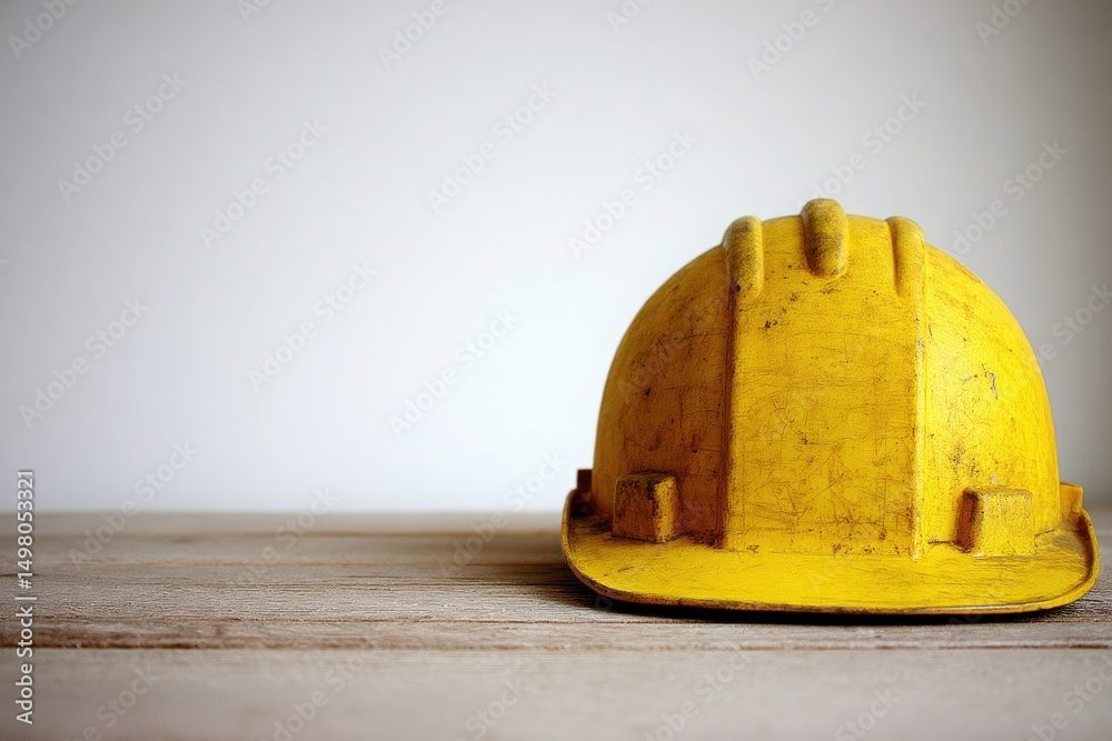 A yellow construction helmet is placed on a wooden surface. The background is plain, highlighting the helmets worn texture and color. The setting suggests a focus on safety in construction work.