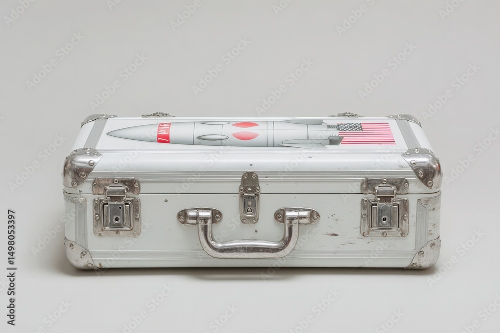 This suitcase features a striking rocket illustration on top, adorned with hearts and an American flag. Its aluminum build showcases signs of wear, highlighting its vintage appeal.
