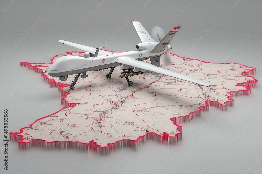 A drone model rests on a detailed relief map, highlighting strategic locations. The map features roads and terrain, illustrating military planning. This depiction emphasizes technology in warfare.