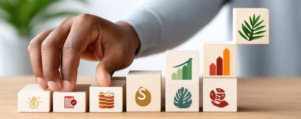 Poster - Close-up of hand stacking wooden blocks with icons representing finance and sustainability