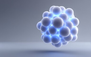 Fototapete - Glowing molecule sphere hovering near bottom right on neutral gray gradient with large negative space,