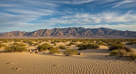 Desert Landscape with Mountain Range - Scenic view of a desert landscape with sand dunes and a mountain range under a partly cloudy sky