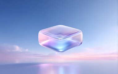 Fototapete - Holographic data node floating lower-left on pastel sky blue gradient background with clean negative space,