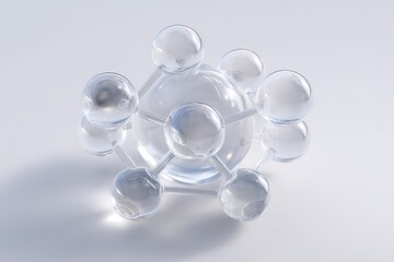Fototapete - Molecule model with glass spheres and rods placed on flat white background, top-down studio shot with clear copy space,