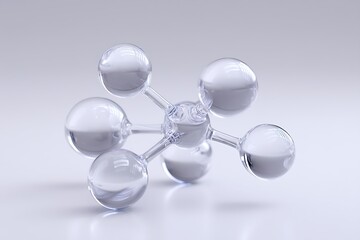 Fototapete - Molecule model with glass spheres and rods placed on flat white background, top-down studio shot with clear copy space,