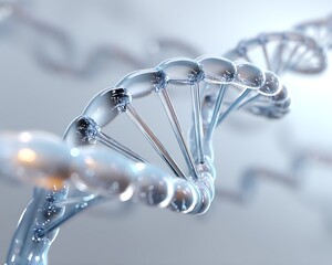Fototapete - Realistic close-up of synthetic DNA helix made of glassy material on lab-white background with soft shadows,