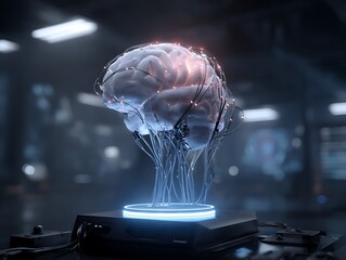 Fototapete - Realistic image of futuristic brain-computer interface setup with electrodes, wires, and 3D brain scan projected above a device,