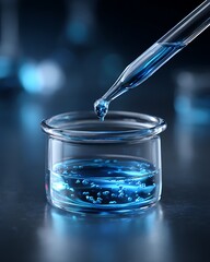 Fototapete - Realistic macro photo of pipette transferring blue liquid into a small beaker, glass texture and surface reflection in focus,