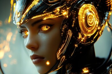 Poster - futuristic female cyborg with luminous golden headgear, beautiful female cyborg with glowing golden 