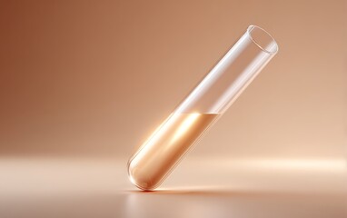 Fototapete - Single glowing test tube on gradient cream backdrop positioned in lower corner with empty margins,