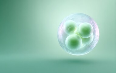 Fototapete - Single stylized cell division object floating bottom left on pastel green gradient background with copy space,