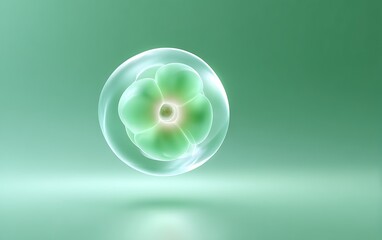 Fototapete - Single stylized cell division object floating bottom left on pastel green gradient background with copy space,