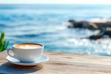 Wall Mural - Enjoying a cup of coffee by the sea with a refreshing coastal view and sunlit waters, Cup of coffee on table by the sea with coastal view Relaxing coastal morning concept