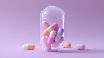 Fototapete - Smart pill dispenser and color-coded pills on pastel purple background, clear layout with soft shadows,