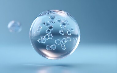Fototapete - Spherical microbe rendered in glass, floating near corner on solid pale blue background with ample negative space,