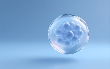 Fototapete - Spherical microbe rendered in glass, floating near corner on solid pale blue background with ample negative space,