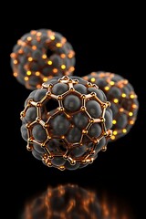 Fototapete - Studio image of floating geometric nanostructures with metallic texture and soft backlighting on black background,