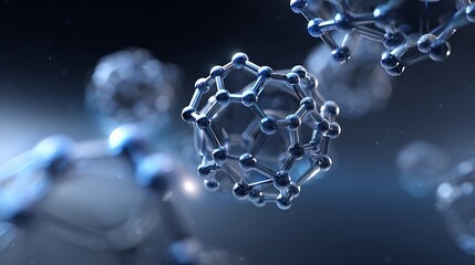 Fototapete - Studio render of atoms forming a lattice structure, suspended in mid-air with soft lighting and sharp reflections, black-to-blue gradient background,