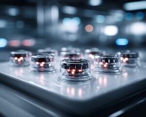 Fototapete - Studio shot of biotech implant chips arranged on a white medical tray under harsh lab lights, metallic details in focus,