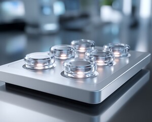Fototapete - Studio shot of biotech implant chips arranged on a white medical tray under harsh lab lights, metallic details in focus,