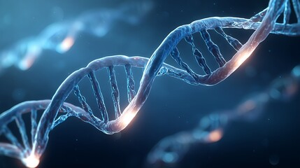 Fototapete - Studio shot of floating transparent DNA strands with glowing edges on a deep blue gradient background, realistic lighting,