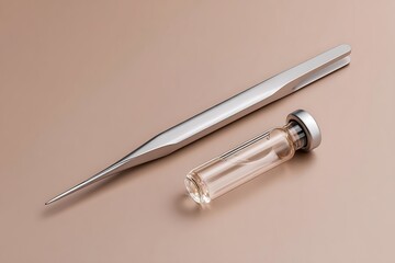 Fototapete - Top-down shot of sterile scalpel and vial kit on light taupe background, spaced out design,