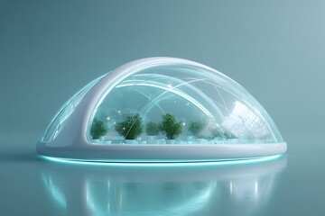 Fototapete - Transparent bio-dome model on soft teal background, futuristic eco-lab concept with copy space,