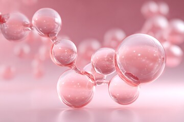 Fototapete - Transparent molecular bonds clustered near bottom center on soft pink gradient background with negative space,