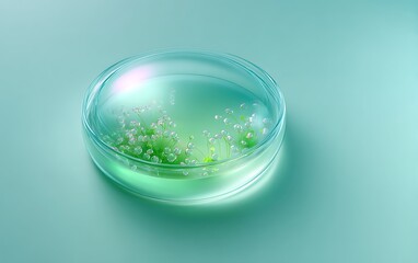 Fototapete - Transparent Petri dish with culture sample placed bottom-right on mint gradient background with negative space,