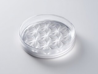 Fototapete - Transparent petri dish with geometric patterns on soft white background, center focus with room to edit,