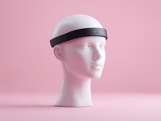 Fototapete - Wearable brain-sensor band placed on white mannequin head, solid pink background and negative space for copy,