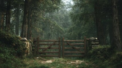 Aufkleber - Forest Gate: A rustic wooden gate welcomes you to a serene woodland path, enveloped by lush greenery and an inviting atmosphere. Experience the tranquility of nature in this captivating image.