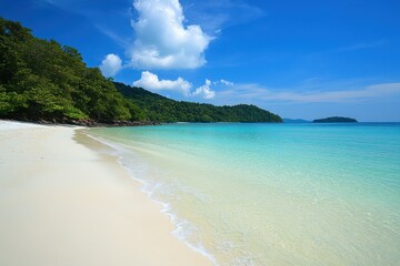 Wall Mural - Serene beach with white sand and crystal clear waters under a bright blue sky, beautiful beach and sea with white sand