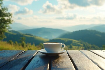 Wall Mural - Coffee on a rustic table with a breathtaking view of green hills under a sunny sky, A Cup of Coffee on a Table with a View of Hills and Mountains in Summer ing Time-lapse Photo