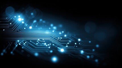 Poster - Abstract digital circuit board with glowing blue lights on a dark background.
