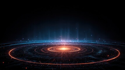 Poster - Abstract glowing rings with blue light rays on a dark background.