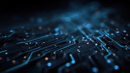 Poster - Blue circuit board with glowing lines and dots against a dark background.