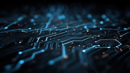 Poster - Abstract close-up of a circuit board with glowing blue lines and connections.