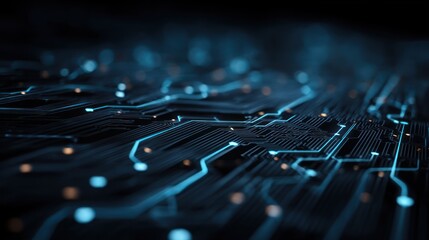 Poster - Abstract close-up of a dark blue circuit board with glowing connections.