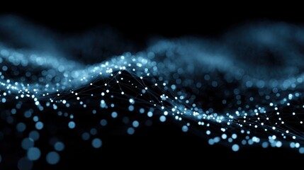 Poster - Abstract blue particles floating on dark background creating a wavy pattern.
