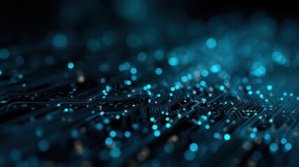 Poster - Abstract dark blue background with glowing dots and lines resembling technology.