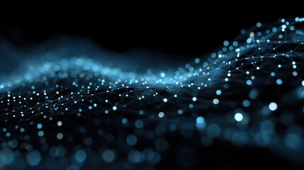 Poster - Abstract blue glowing particles flow on a dark background creating a wave effect.
