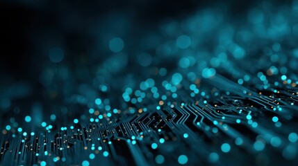 Poster - Close up of a circuit board with blue lights and blurred background.