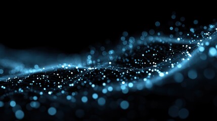 Poster - Abstract blue glowing particles flowing on a dark background creating a wave.